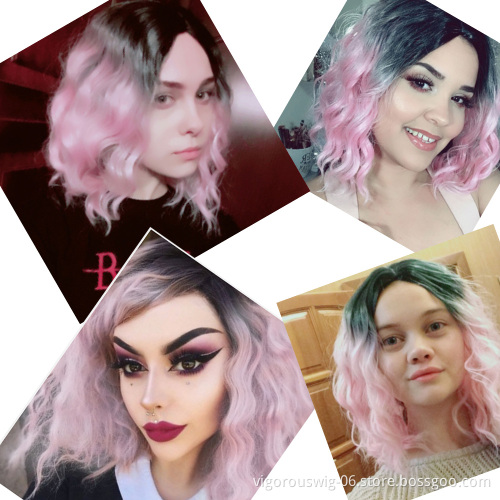 Vigorous 14 Inch Curly Wave Short Bob Wigs Ombre Light Pink Synthetic Cosplay Pastel Wig for Girl Costume Christmas Party